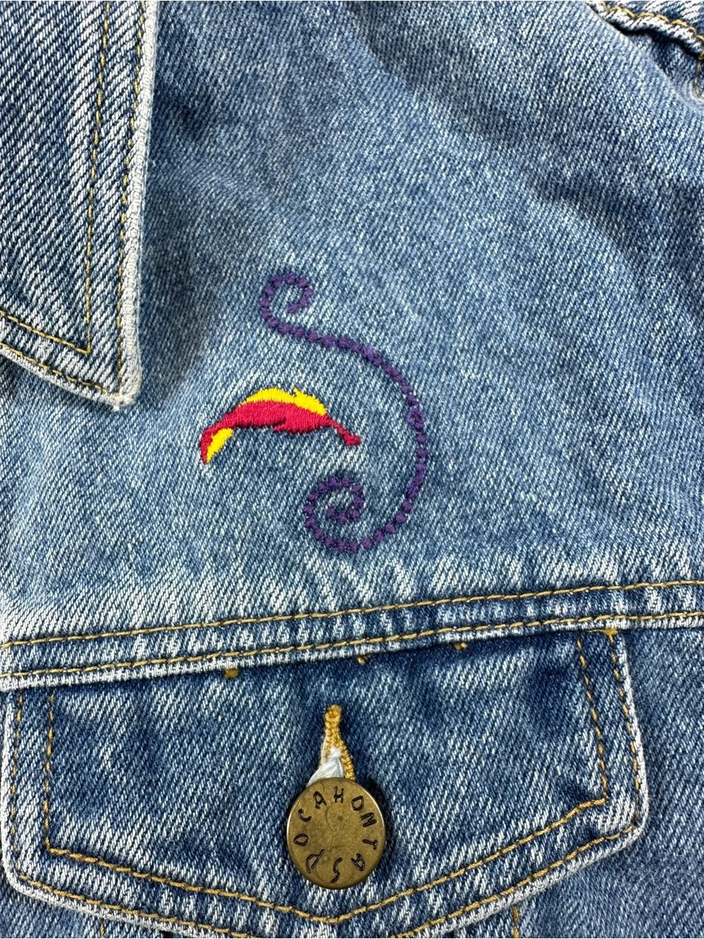 Vintage 90s Disney Store POCAHONTAS Denim Jacket Girls Small Fringe